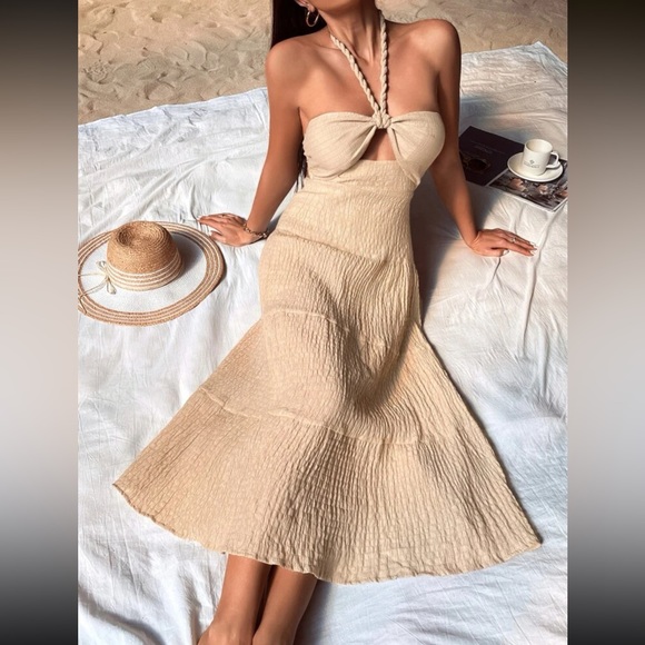 Cream Cut Out Backless Layered Hem Halter Dress - Picture 1 of 3